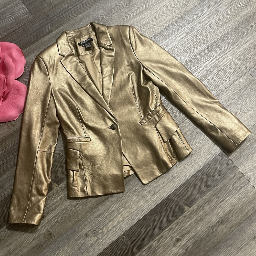 ETCETERA Womens Sz 6 Metallic Genuine Leather Blazer Jacket Bronze Gold